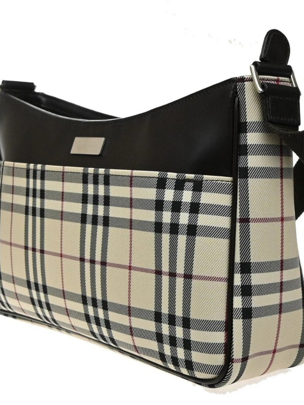 BURBERRY logo Plaid print check Shoulder Bag Canvas Leather Brown - Picture 3 of 12